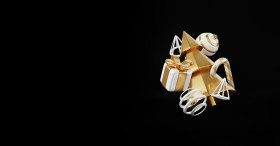 Luxury christmas 3d render banner or greeting card. Modern Minimal New year and Christmas gold and black Decoration with tree, candy, ball, gift box on black background