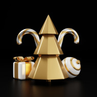 Luxury christmas 3d render banner or greeting card. Modern Minimal New year and Christmas gold and black Decoration with tree, candy, ball, gift box on black background