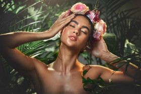 Exotic, forest and nature with girl model and rose crown