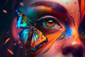 Colorful butterflies and a woman's eye, mixed media, with an abstract background