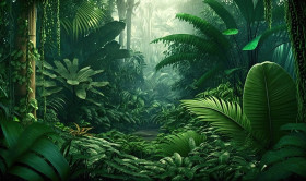 a lush green forest filled with lots of trees and plants on top of a lush green forest covered in lots of green leaves and plants.  generative ai