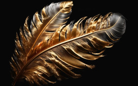 Gold feather texture on black background. Premium luxury illustration, Generative AI