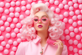 Emotion pink wig woman. Wide open mouth. Pink lips makeup