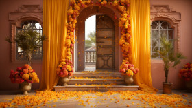 Vibrant marigold garlands draped around a decorated entrance, symbolizing a warm welcome to Diwali festivities, Diwali, Diwali Background Generative AI