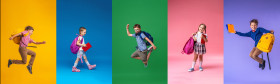 Back to school! Collage of 5 school children on a colorful paper wall background.