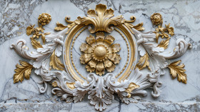 Baroque Style Golden Floral Decorations on Marble Background.