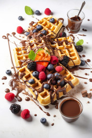 Belgian waffles with different sauces, berries, chocolate, ice cream. Generative AI,