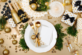 christmas table setting with empty card mockup your text gold black