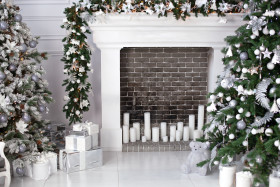 christmas tree with balls fireplace with candles gifts living room (2)