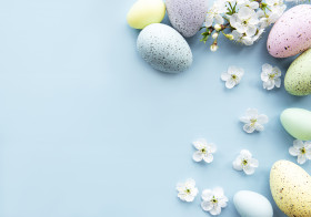 Colorful Easter eggs with spring blossom flowers