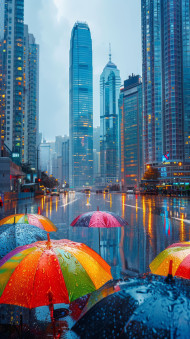 colorful umbrellas amidst big citys rainy day