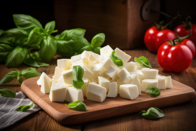 Cubed mozzarella cheese on wooden cutting board