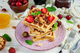 delicious breakfast with belgian waffles waffels with strawberry