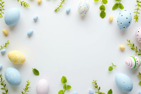 easter celebration with pastel eggs fresh greenery white background