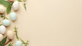 Easter eggs and flowers on pastel beige background with copy space