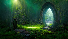 A fantastic magical gateway portal in the forest. Colorful picturesque bright forest. The round portal teleports to other worlds. Fantastic landscape 3d illustration