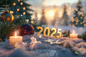 Festive New Year's Eve 2025 with Golden Numbers, Candles, and Ornaments.