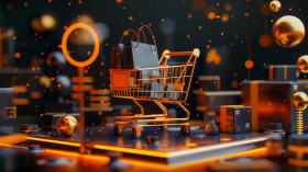 Festive shopping concept with glowing cart and gifts