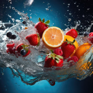 Fresh fruit splashing into clear water, Fresh fruits into clear water splash background Ai generated