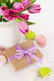 Fresh pink tulip flowers and easter eggs