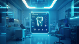 Futuristic dental clinic with holographic display and modern equipment