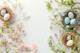 Happy Easter background with eggs in nest, spring flowers and copy space. Flat lay. Greeting card