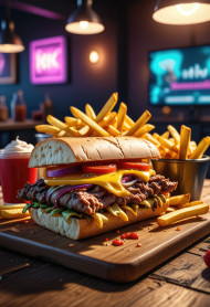 large sandwich with cheese fries table