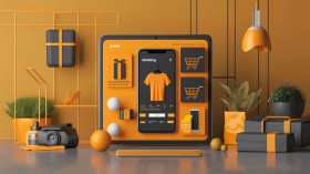 Modern online shopping concept with devices on orange background