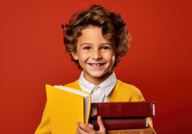 Portrait of cute little boy with books on color background