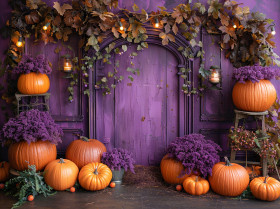 purple door with pumpkins purple flowers it