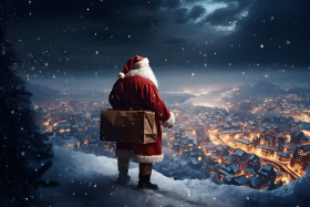 Santa Claus was up on a hill, holding a bag of gifts on his shou