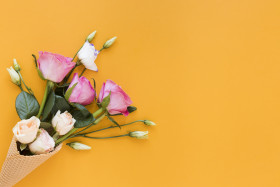 top view bouquet roses orange copy space background