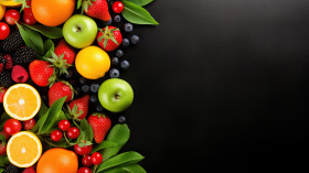 top view of fresh fruits, vegetables and berries on black background