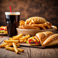 tray food including sandwich french fries drink